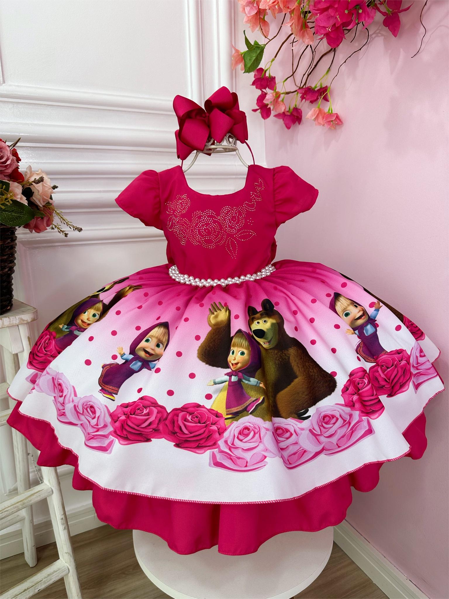 Vestido Infantil Masha e o Urso Pink e Busto C/ Strass