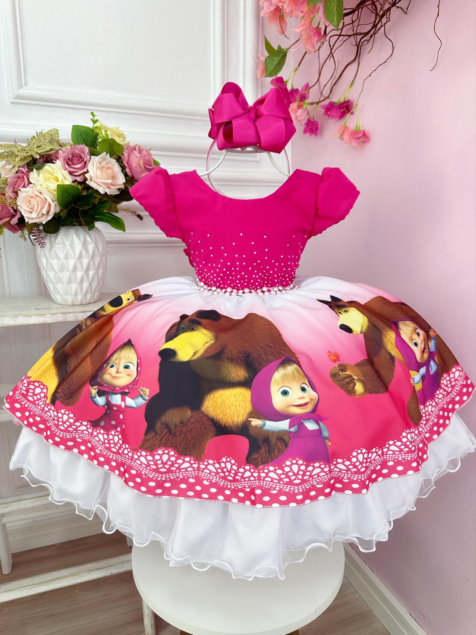 Vestido Infantil Masha e o Urso Pink e Peito Com Strass