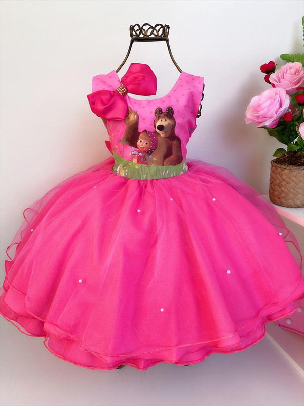 Vestido Infantil Masha e o Urso Pink Luxo com Laço e Pérolas