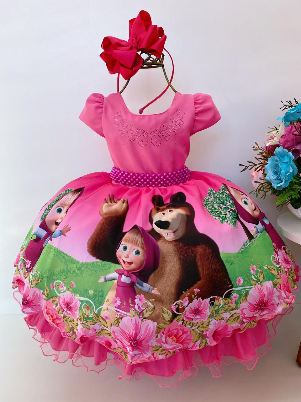 Vestido Infantil Masha e o Urso Pink Strass e Cinto de Pérolas