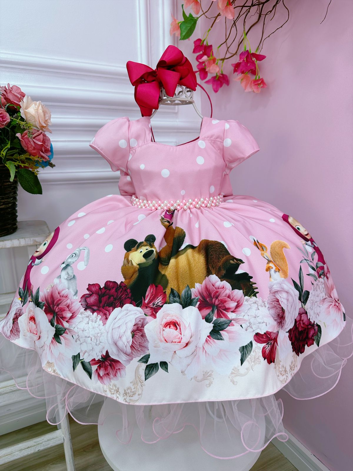 Vestido Infantil Masha e o Urso Rosa Bolinhas Brancas