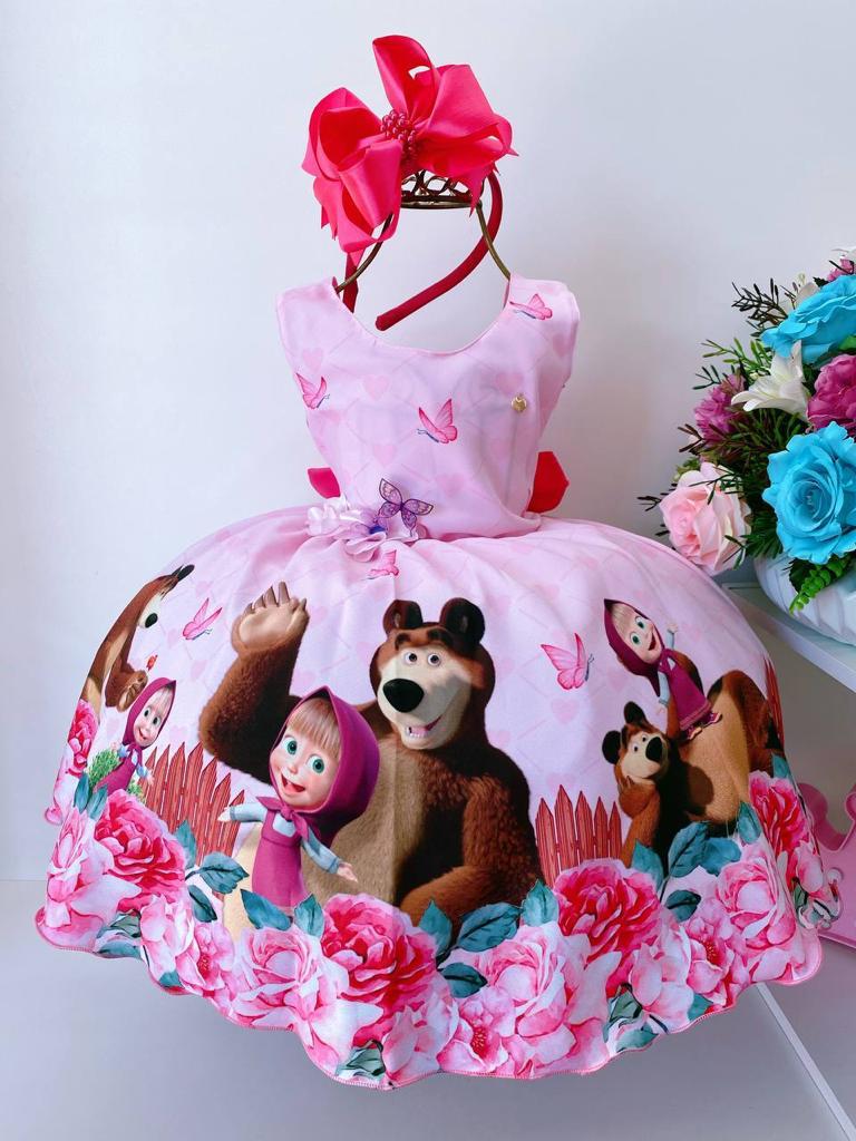 Vestido Infantil Masha e o Urso Rosa Borboletas Aplique Flor