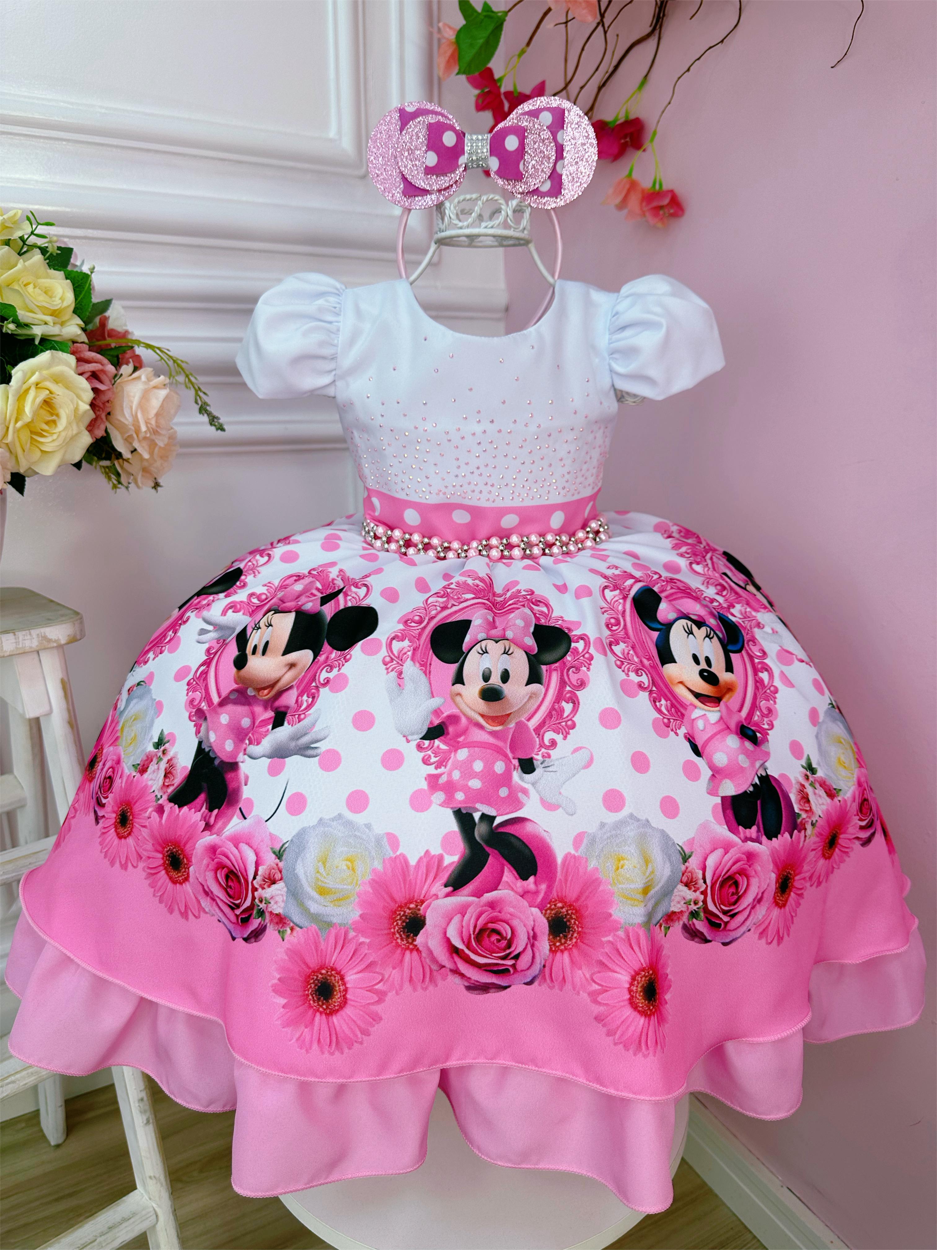 Vestido Infantil Minnie Rosa Bolinhas Pérolas C/ Tiára