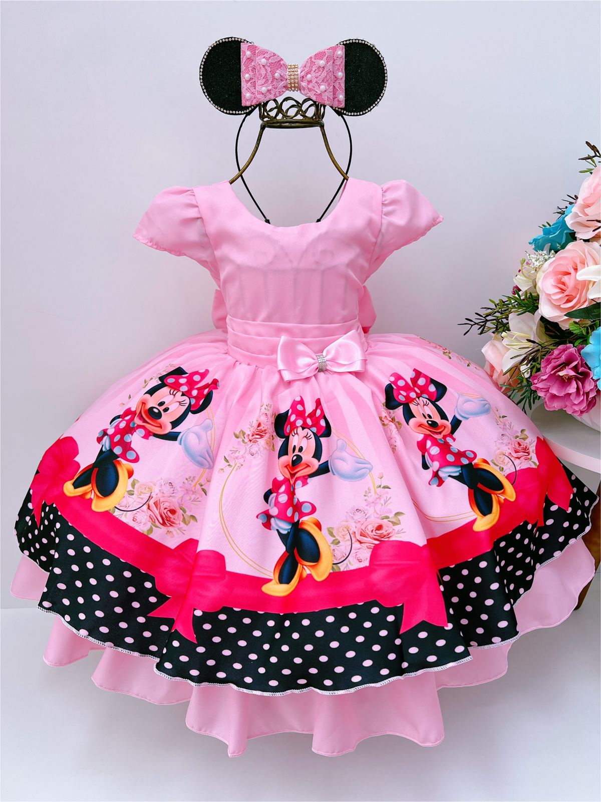 Vestido Infantil Minnie Rosa C/ Laço Florido e Strass