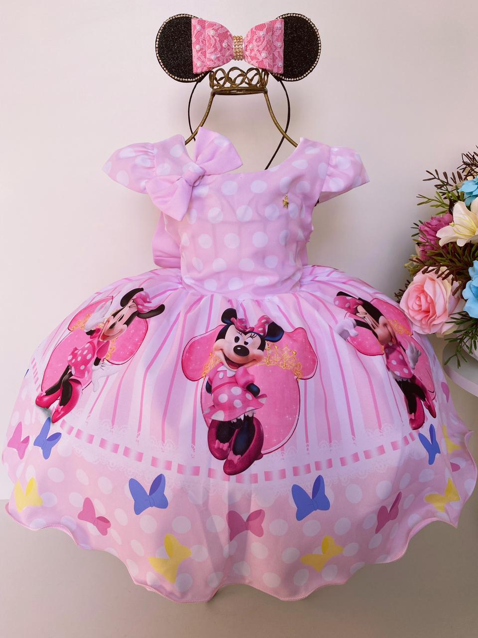 Vestido Infantil Minnie Rosa C/ Laço Para Cabelo Luxo
