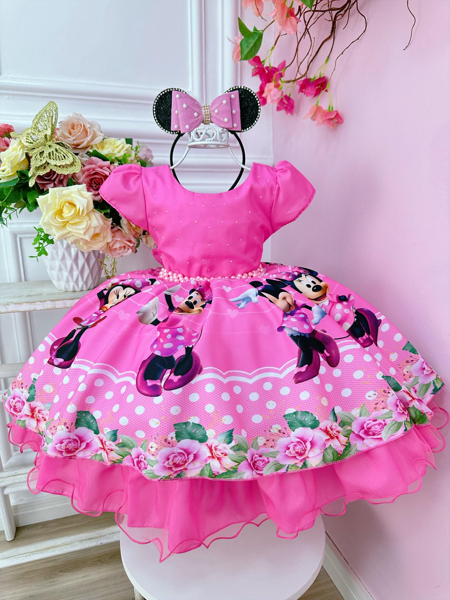 Vestido Infantil Minnie Rosa Chiclete Cinto de Pérolas Luxo