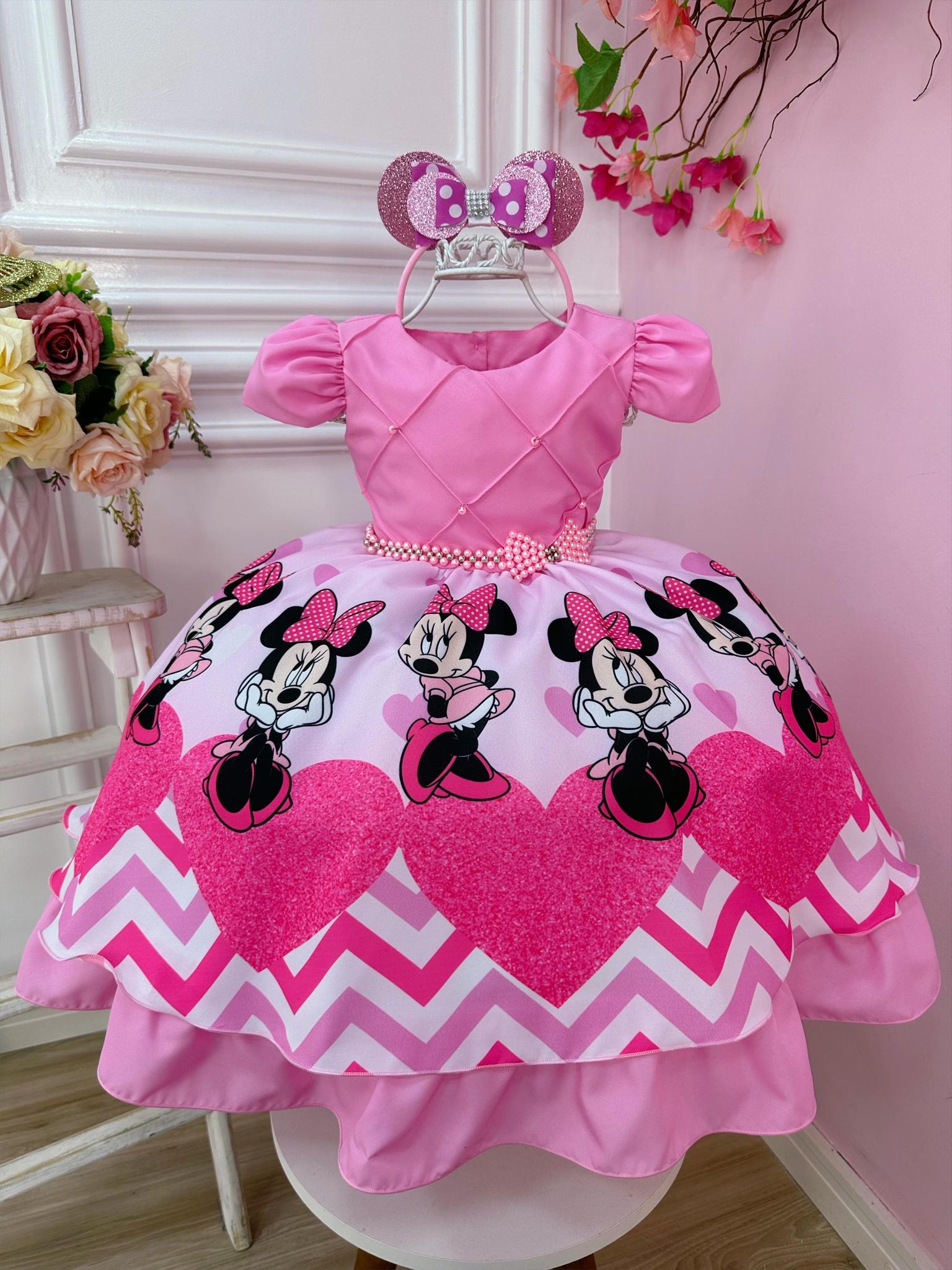 Vestido Infantil Minnie Rosa Cinto de Pérolas C/ Tiara
