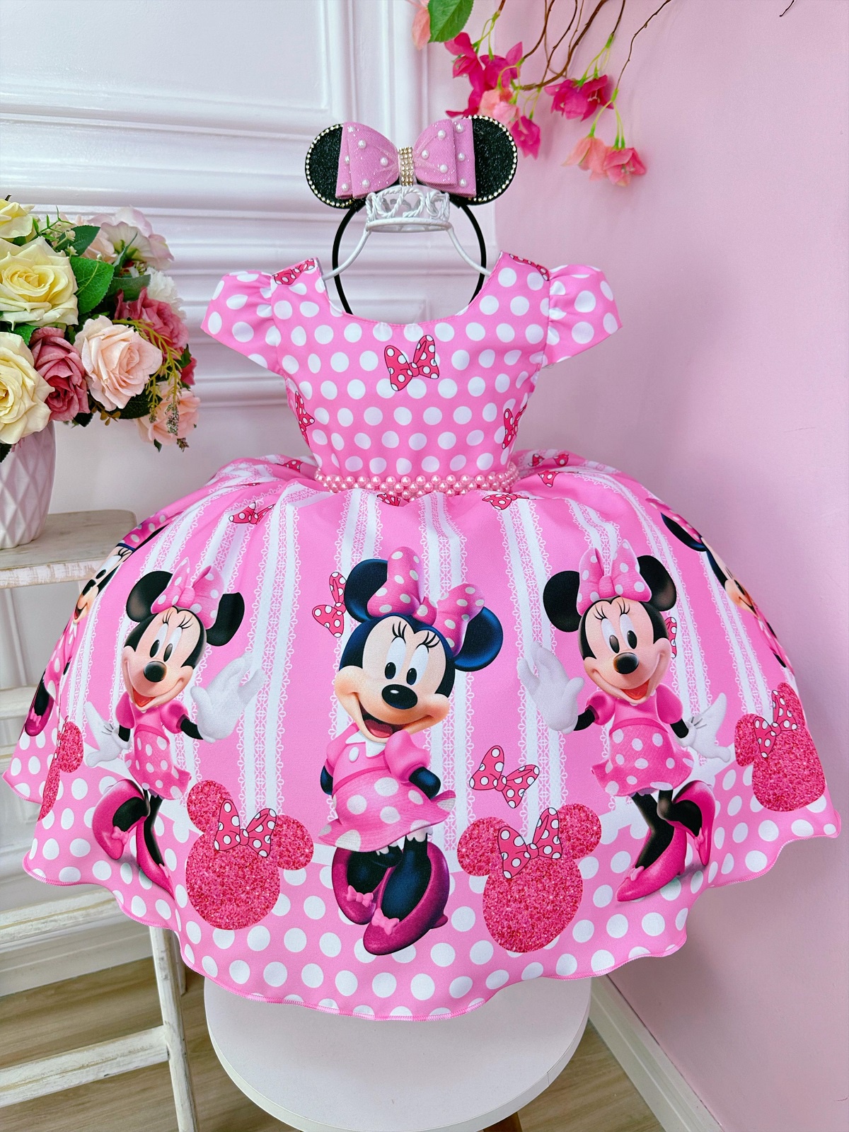 Vestido Infantil Minnie Rosa Cinto de Pérolas Princesas Bolinhas