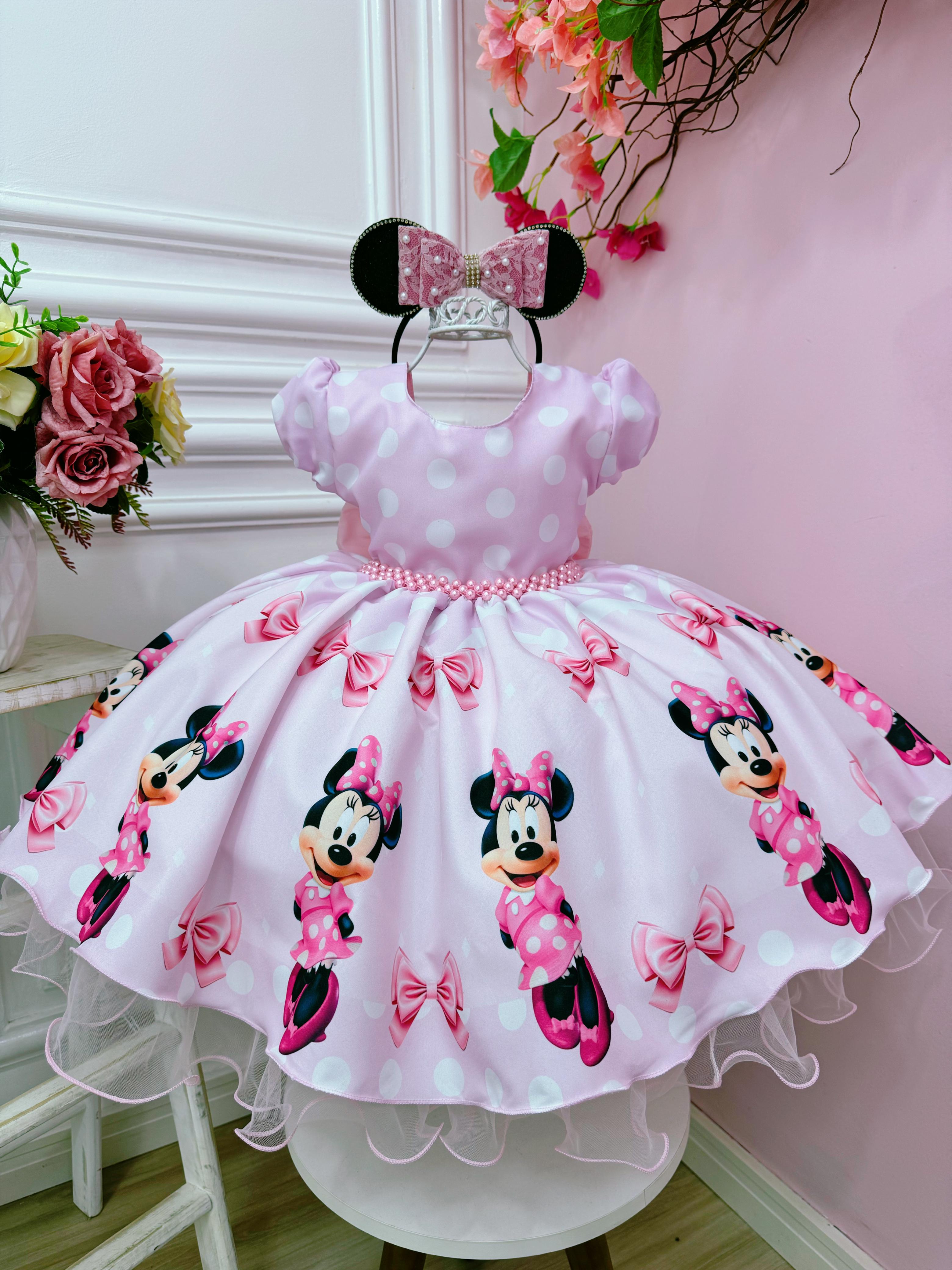 Vestido Infantil Minnie Rosa Com Bolinhas e Pérolas Festas