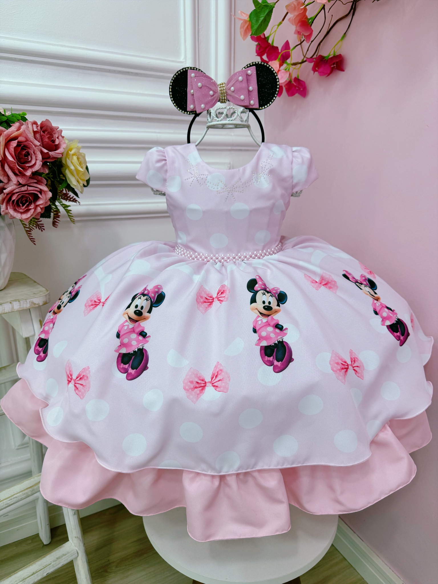 Vestido Infantil Minnie Rosa Com Bolinhas e Pérolas Luxo