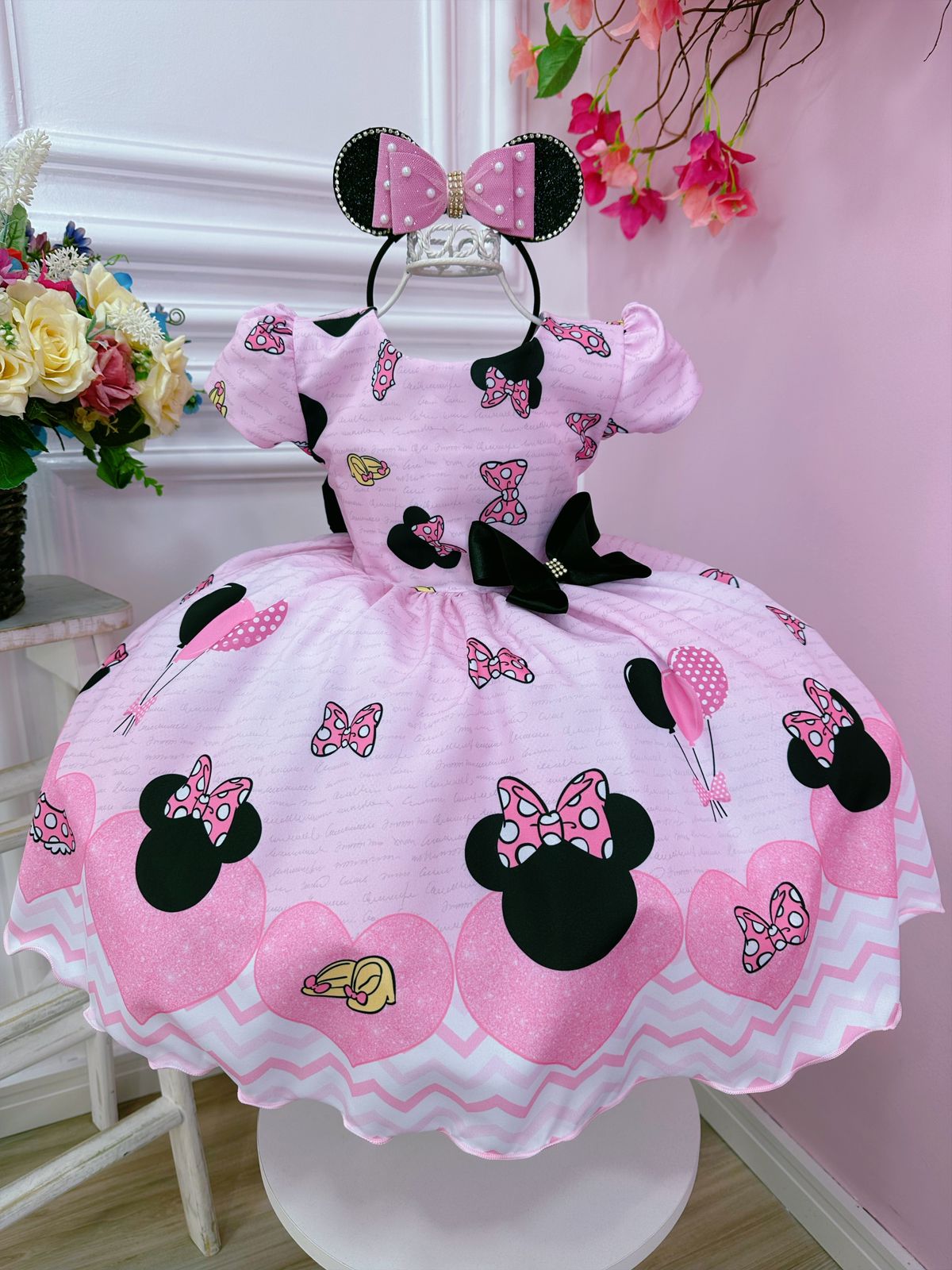 Vestido Infantil Minnie Rosa Com Broche de Laço Luxo