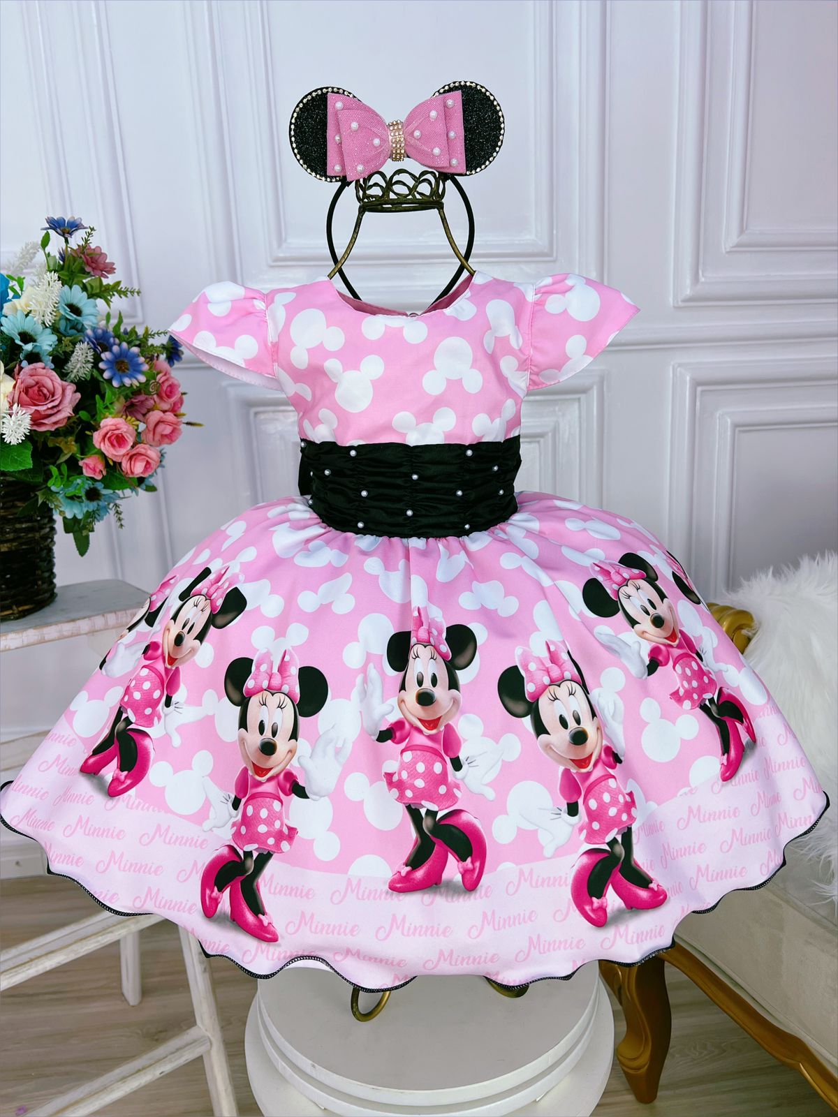 Vestido Infantil Minnie Rosa Com Pérolas Festas