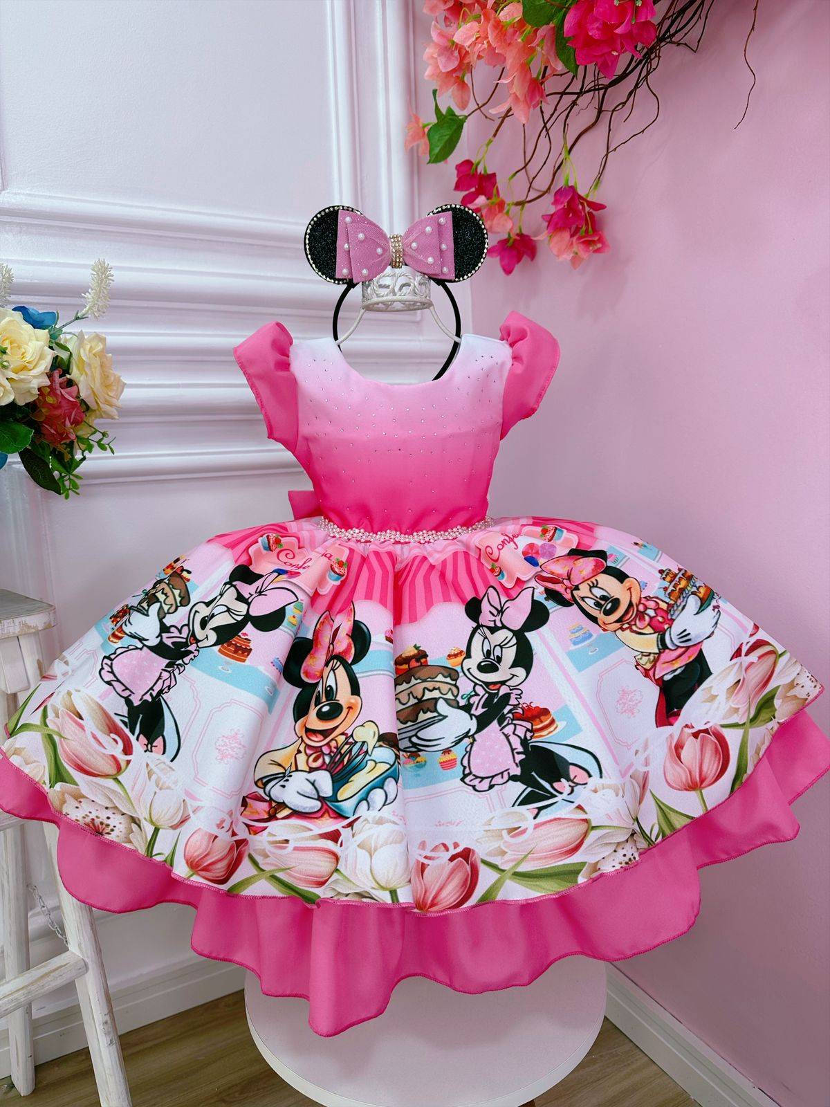 Vestido Infantil Minnie Rosa Confeitaria Pink C/ Strass