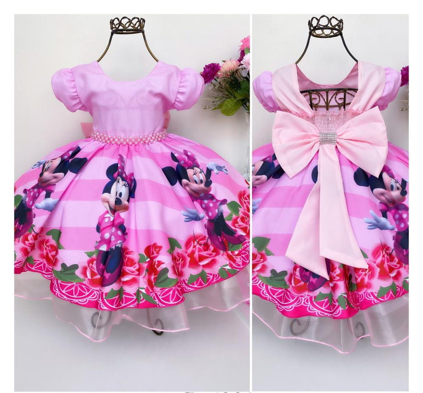 Vestido Infantil Minnie Rosa Listras Floral Pérolas Luxo