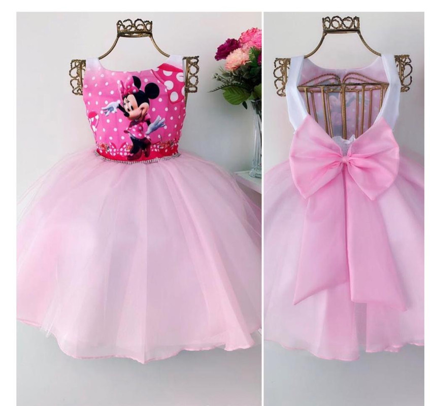 Vestido Infantil Minnie Rosa Luxo Cinto de Strass Festa