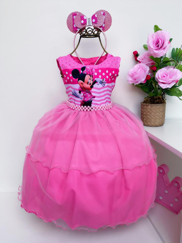 Vestido Infantil Minnie Rosa Luxo Com Tiara Babados