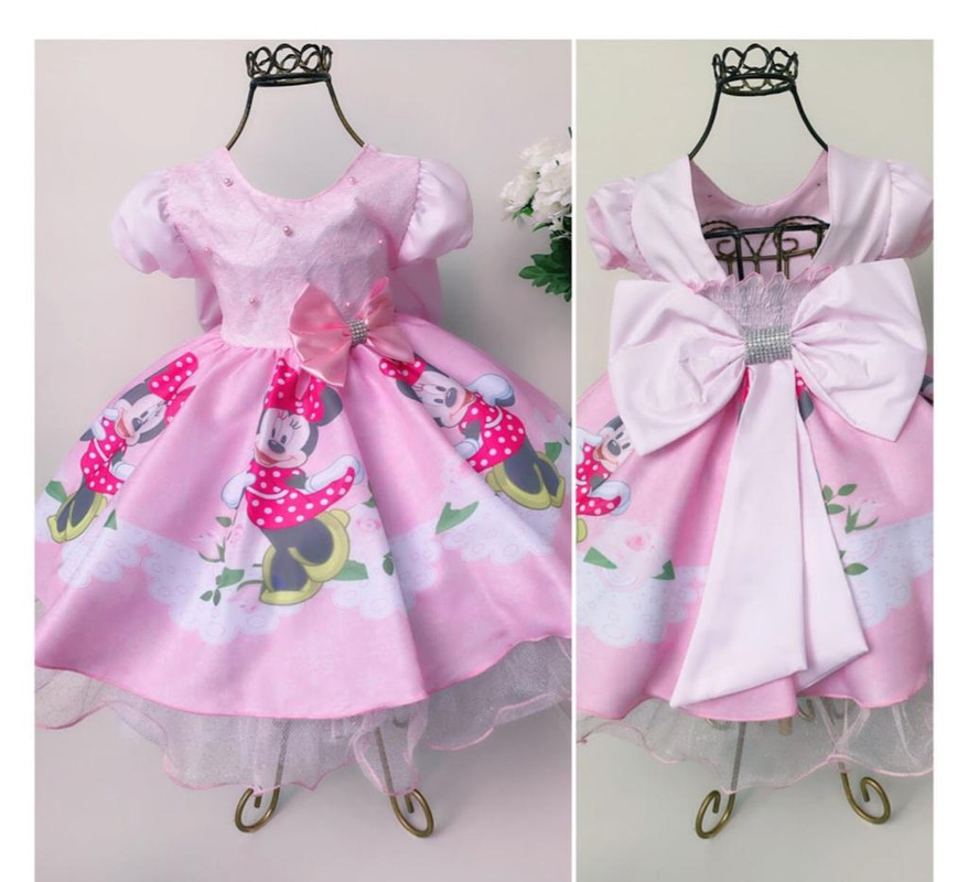 Vestido Infantil Minnie Rosa Luxo Laço e Pérolas