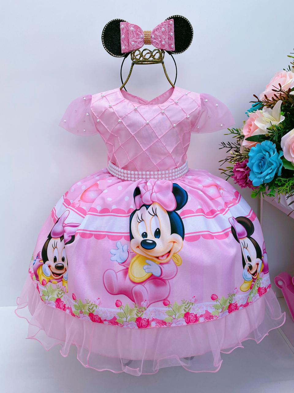 Vestido Infantil Minnie Rosa Nervuras no Peito Luxo Festas