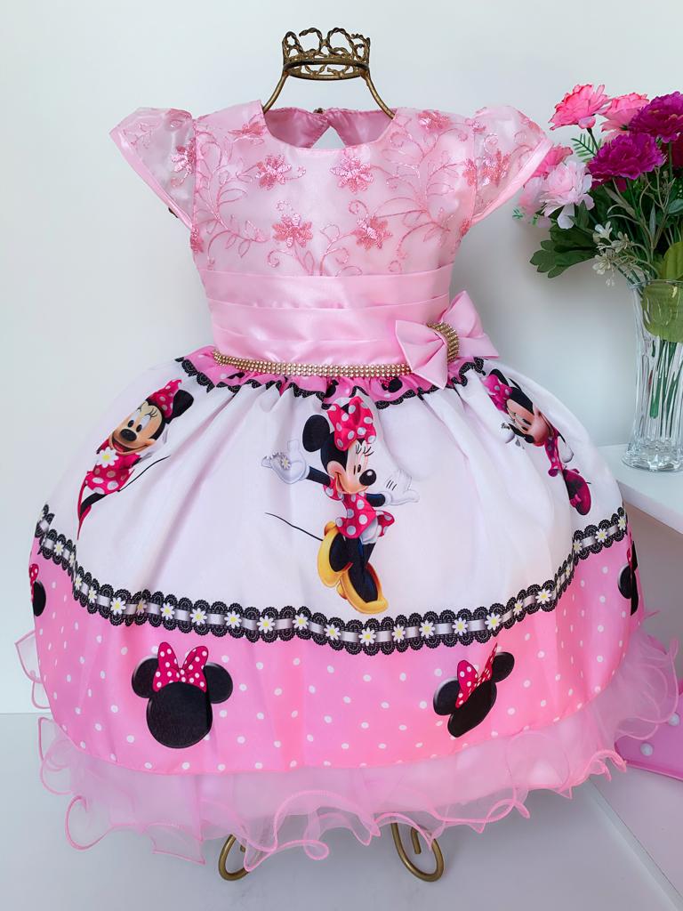 Vestido Infantil Minnie Rosa Renda Luxo Cinto Strass Princes
