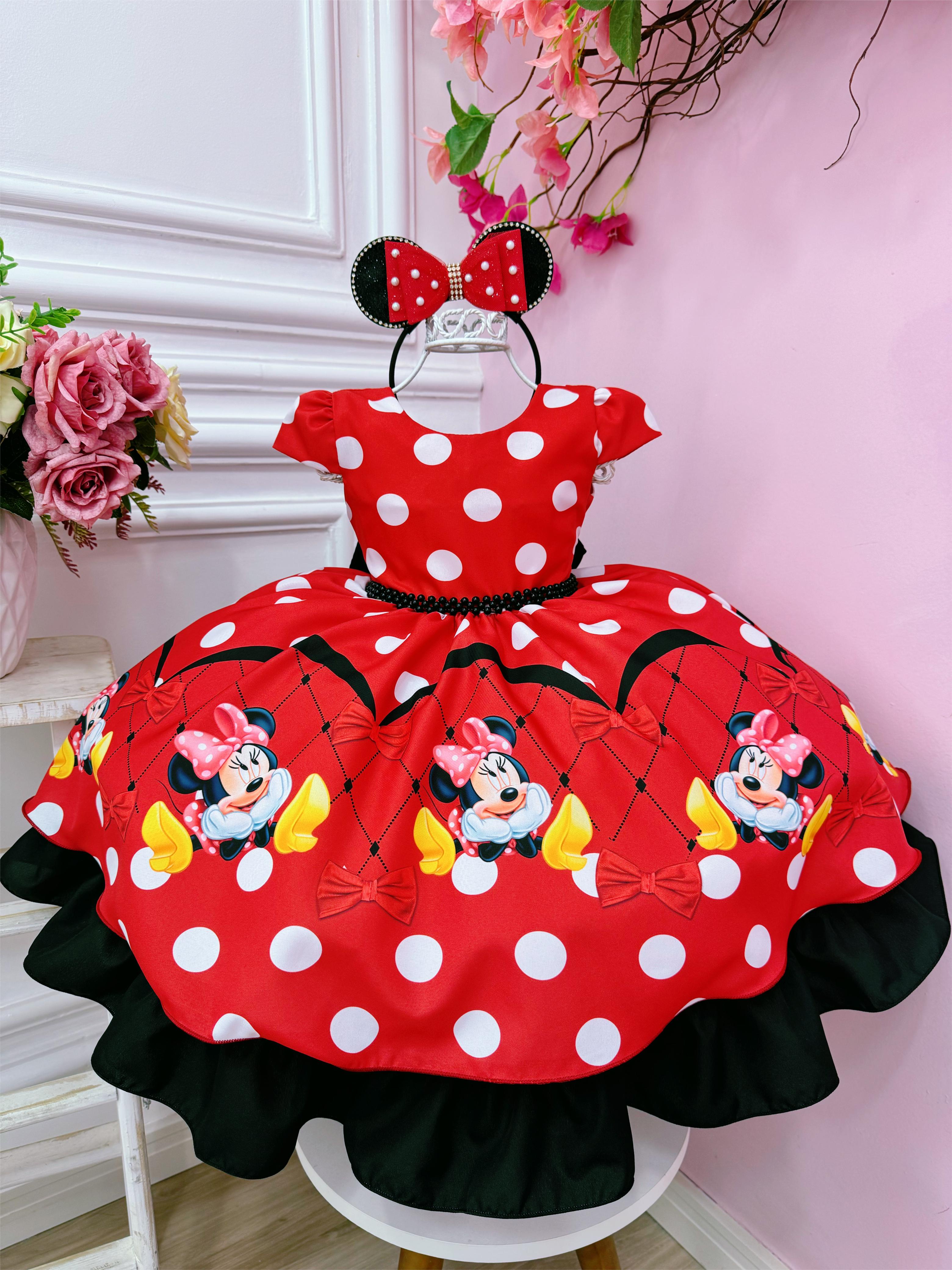 Vestido Infantil Minnie Vermelha C/ Cinto Perolas Festas Luxo