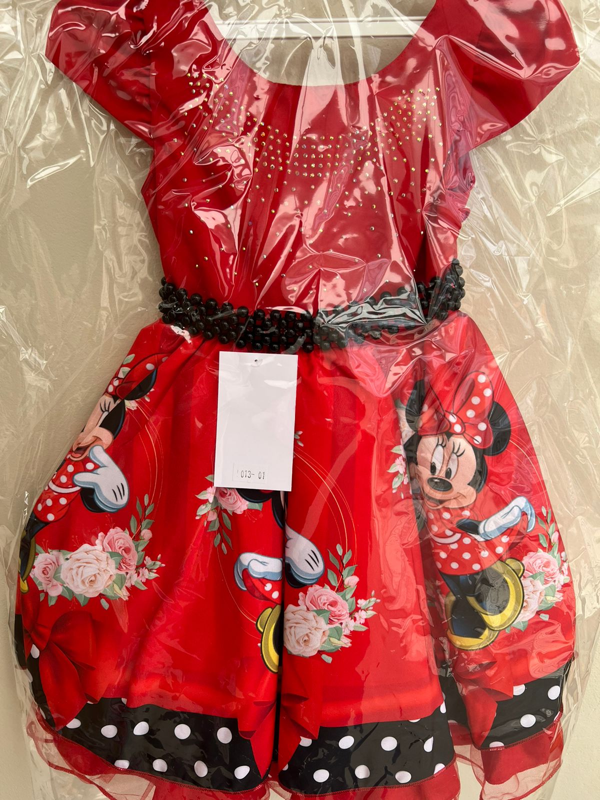 Vestido Infantil Minnie Vermelha Cinto Pérolas e Strass