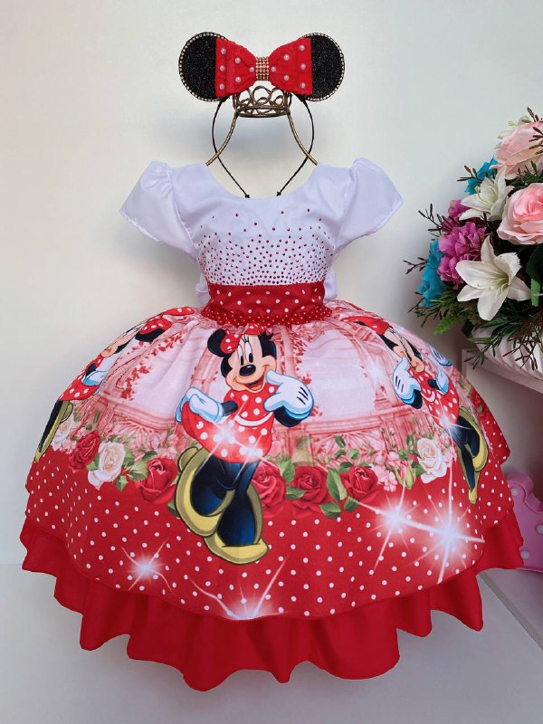 Vestido Infantil Minnie Vermelha Luxo Cinto de Pérolas