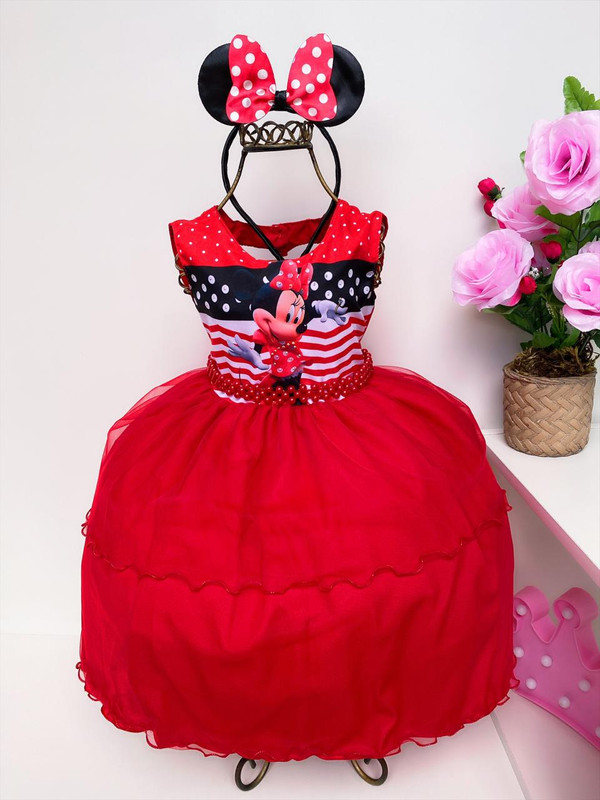 Vestido Infantil Minnie Vermelha Luxo Com Tiara Babados