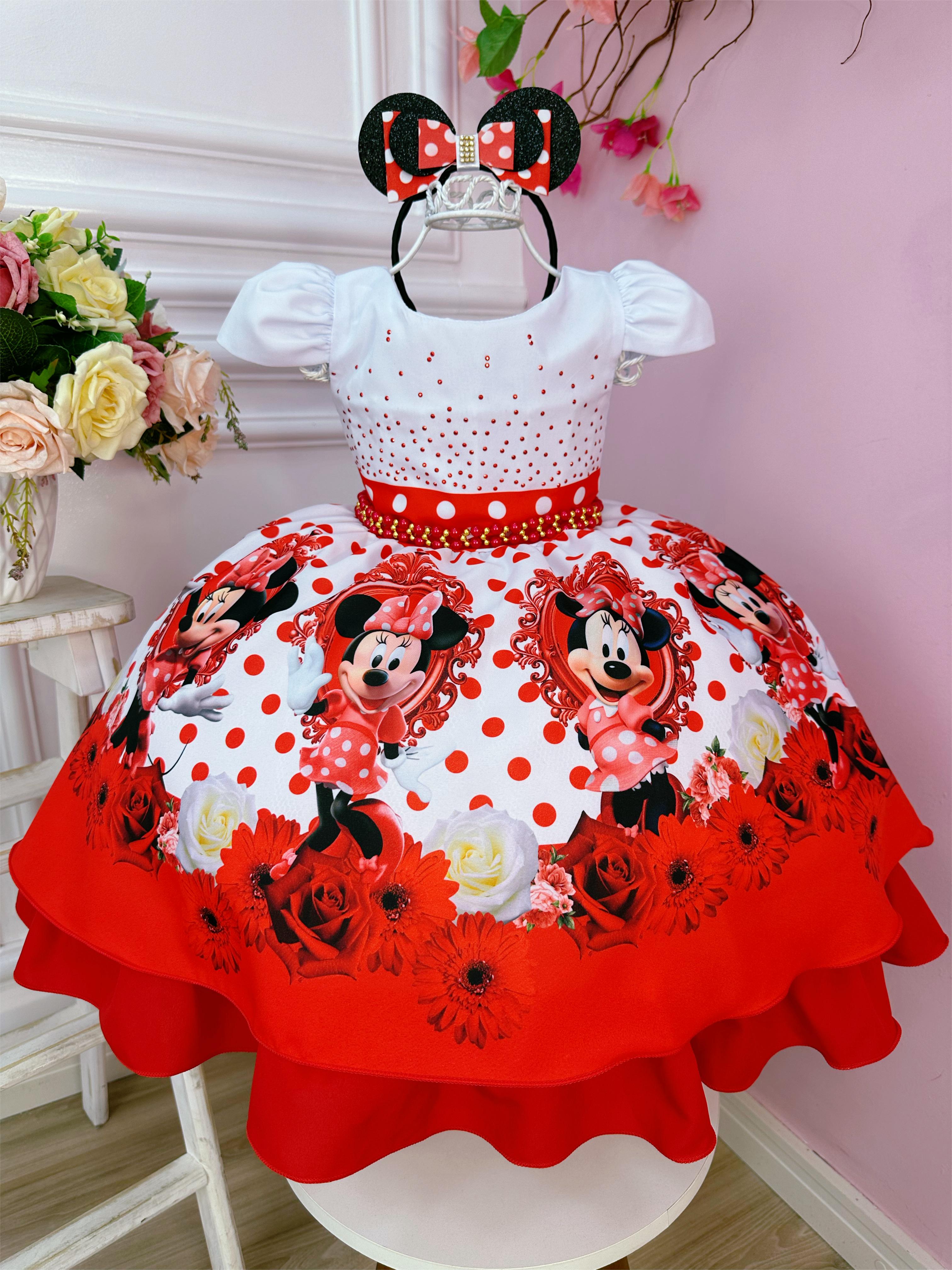 Vestido Infantil Minnie Vermelho Bolinhas Pérolas C/ Tiára