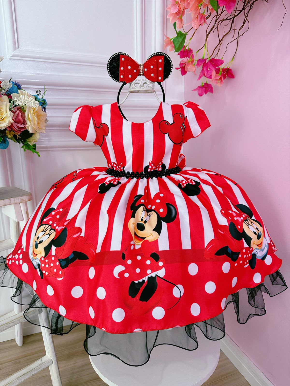 Vestido Infantil Minnie Vermelho C/ Listras Cinto de Pérolas