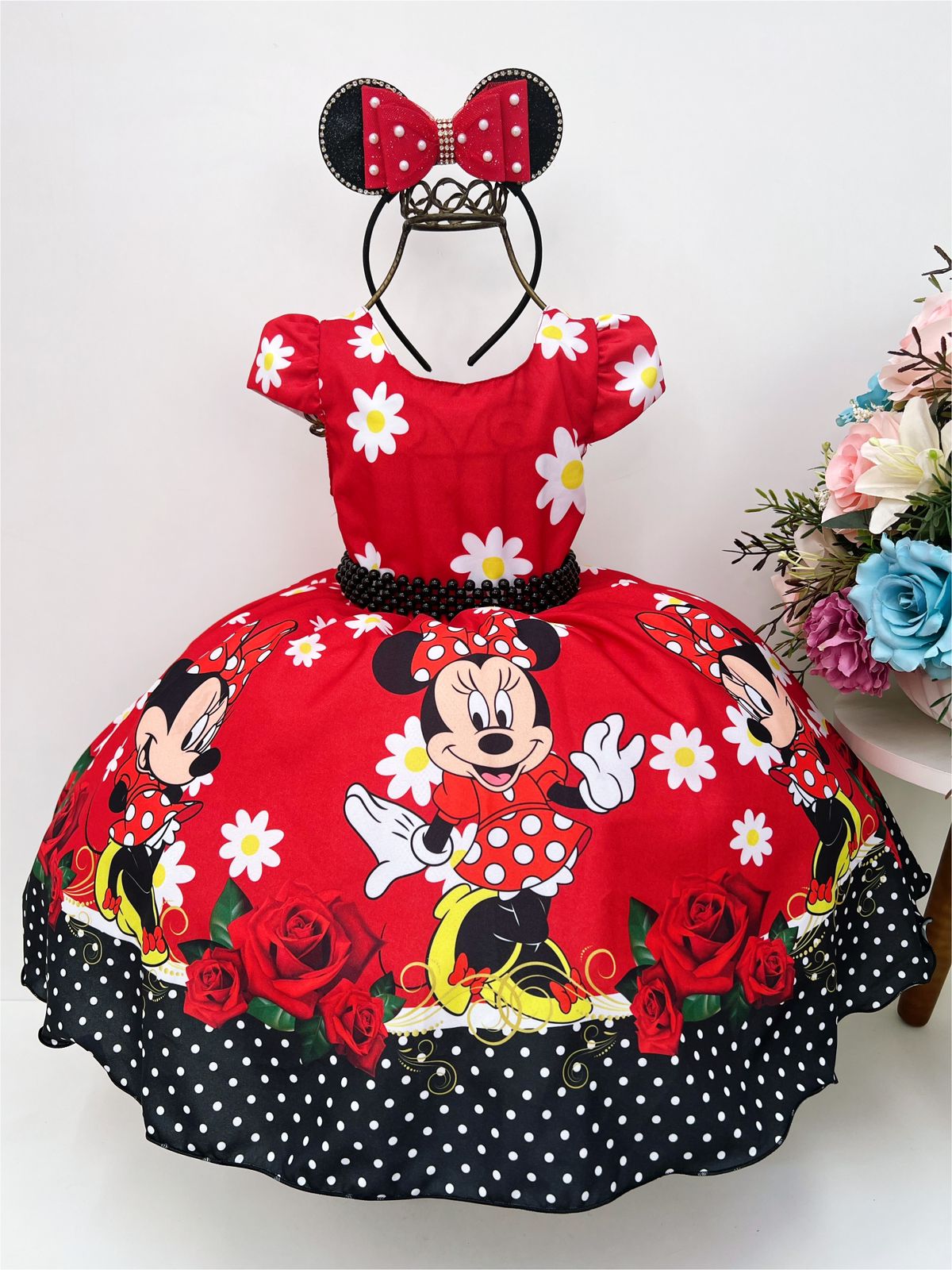 Vestido Infantil Minnie Vermelho Florido C/ Cinto de Pérolas