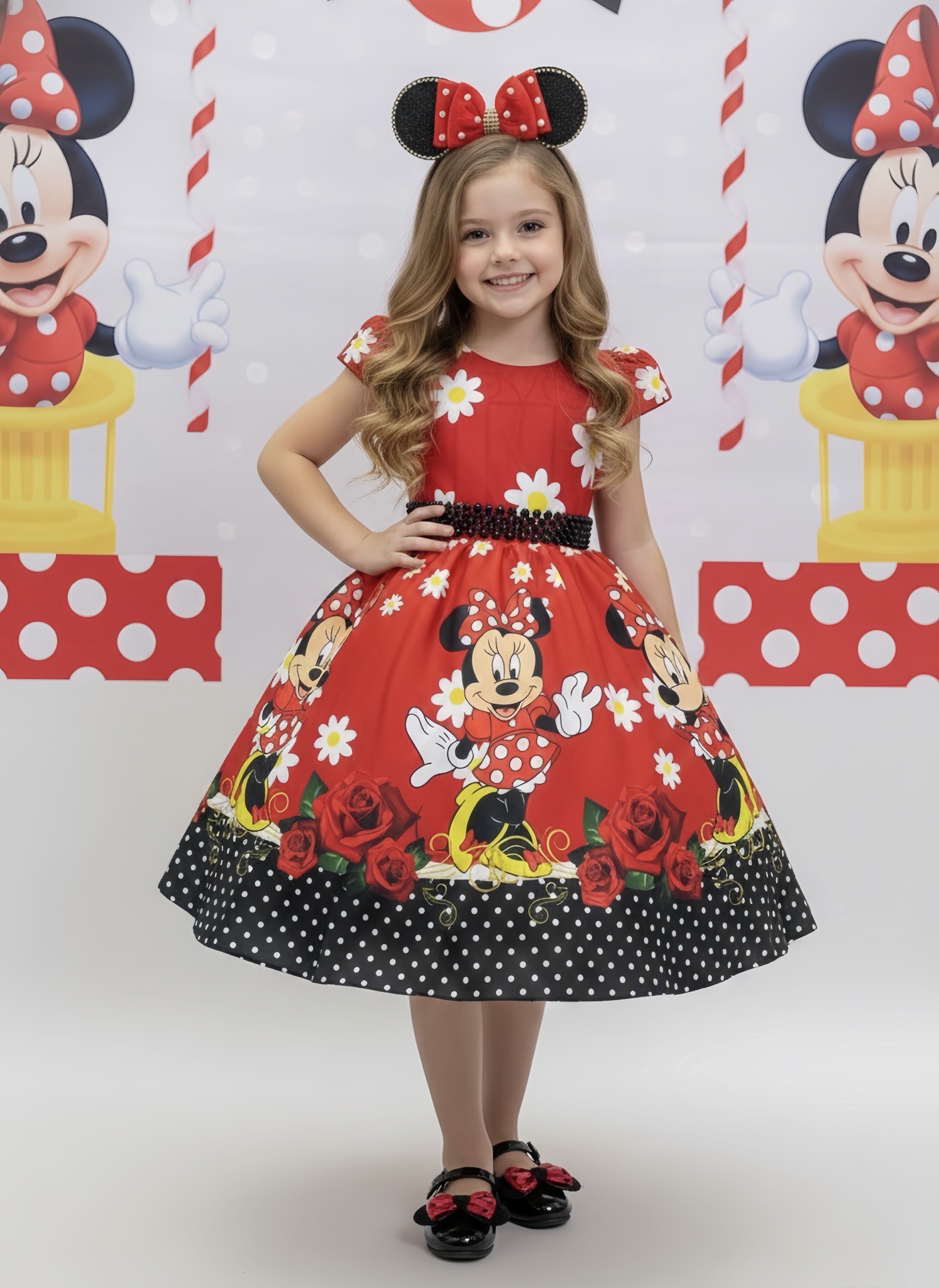 Vestido Infantil Minnie Vermelho Florido C/ Cinto de Pérolas