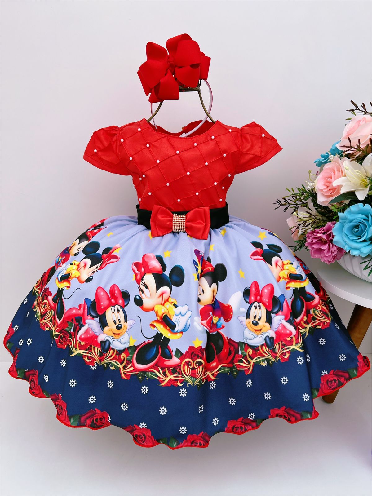 Vestido Infantil Minnie Vermelho Florido Pérolas Luxo