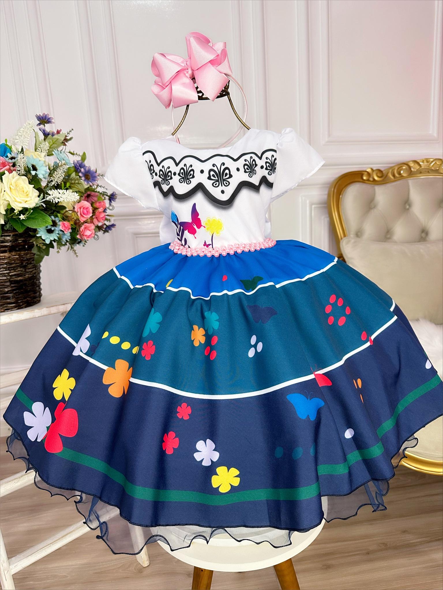 Vestido Infantil Branco e Azul Com Cinto Pérolas Princesas