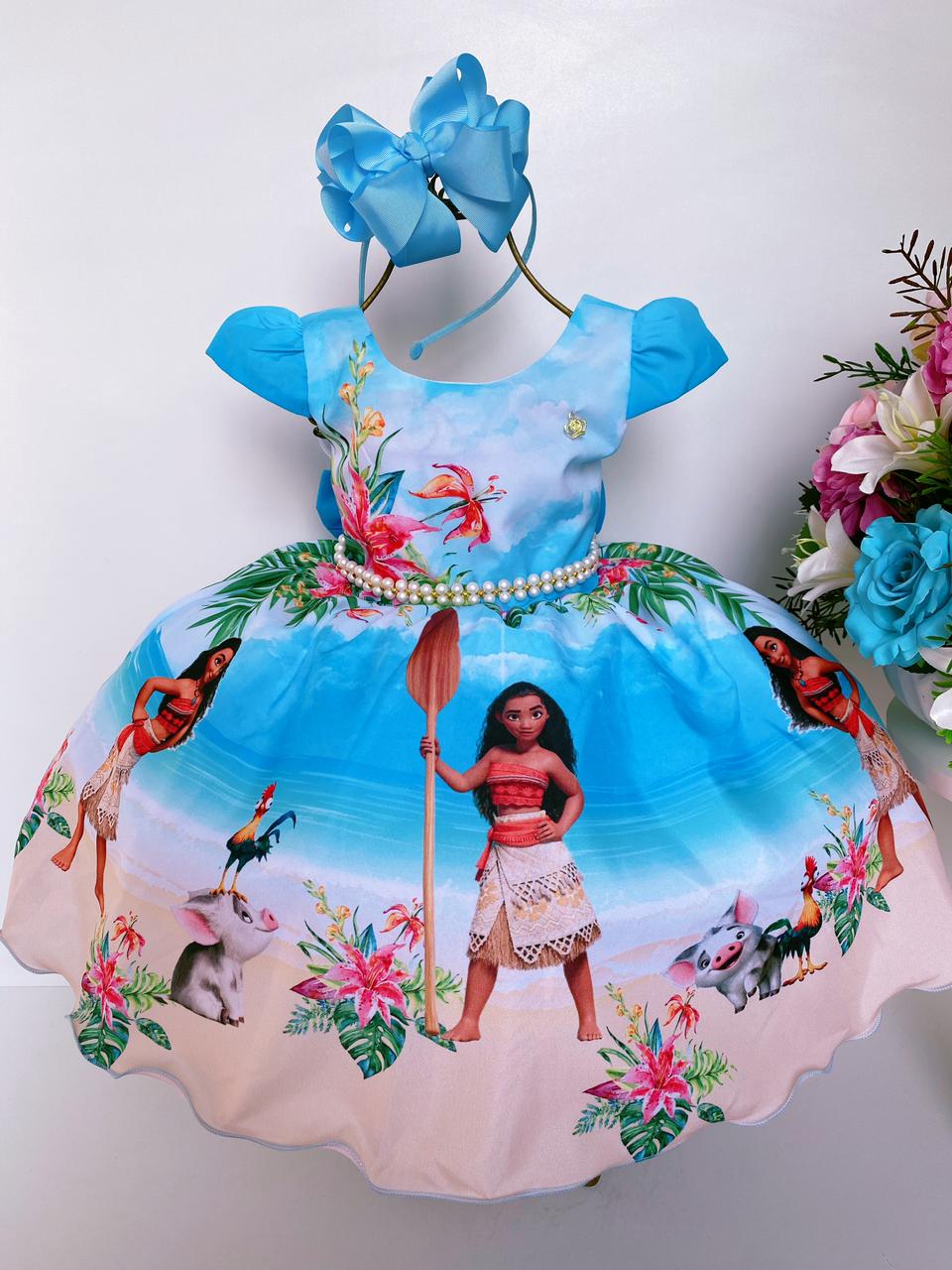 Vestido Infantil Menina Moana Adulta E Baby + Tiara em Promoção na