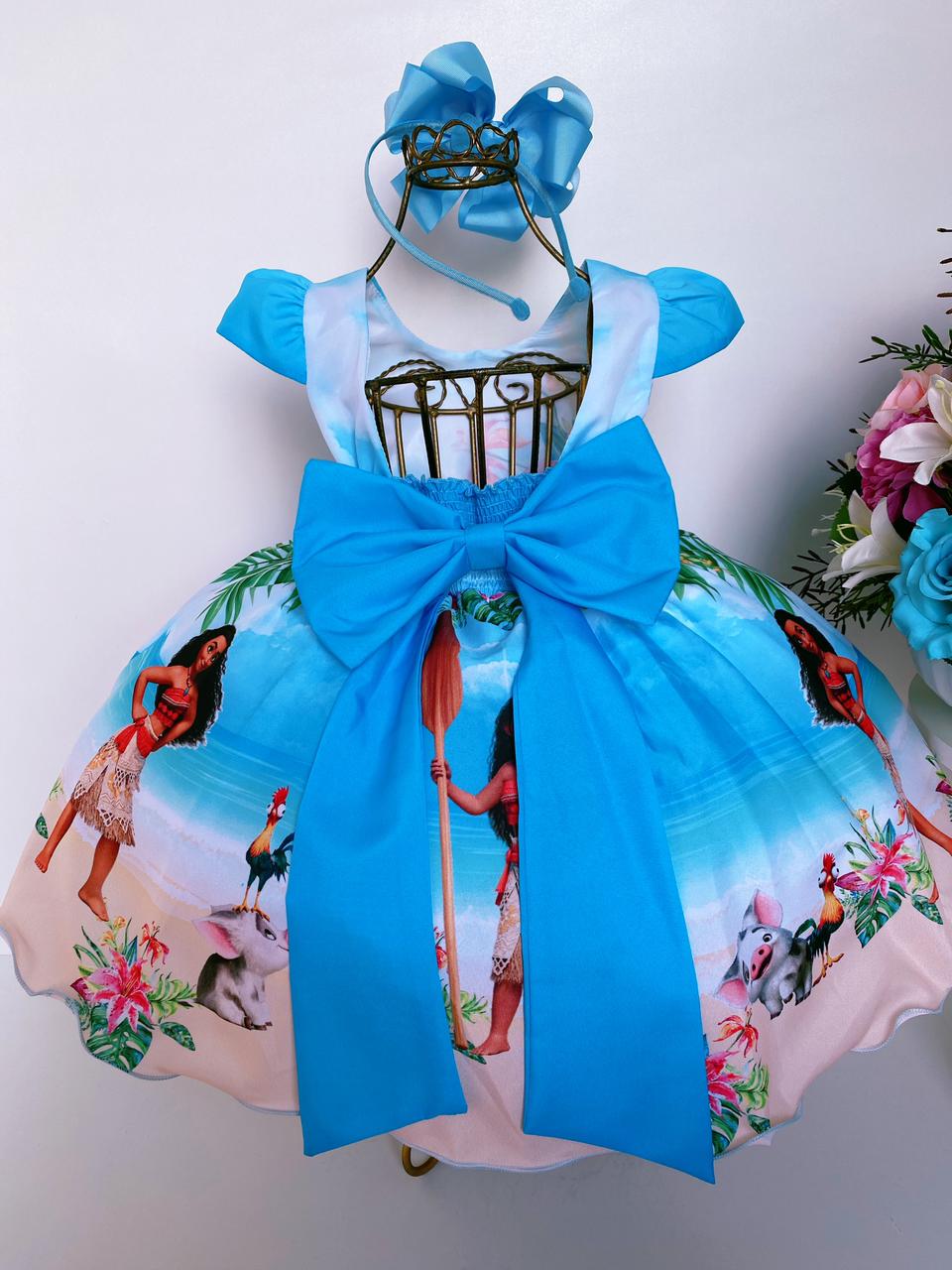 Vestido De Luxo Temático Infantil Moana Azul