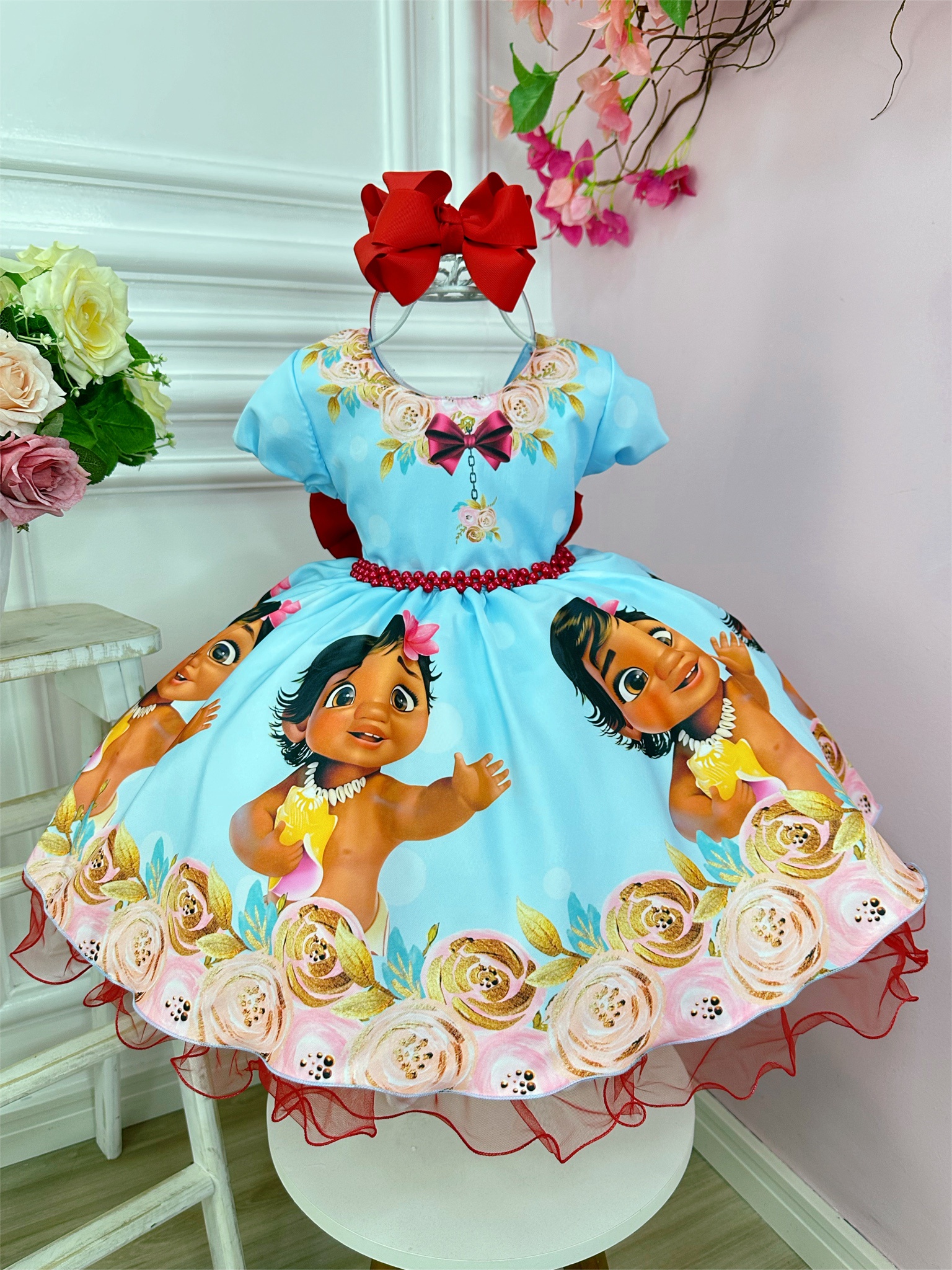 Vestido Infantil Moana Baby Florido Azul Festas Luxo