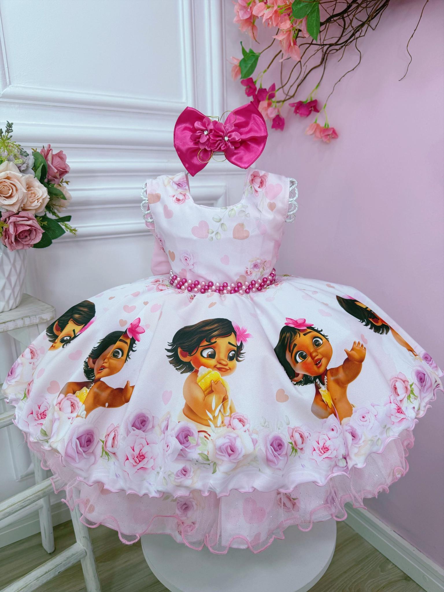 Vestido Infantil Moana Baby Fofura Rosa C/ Lacinho e Pérolas