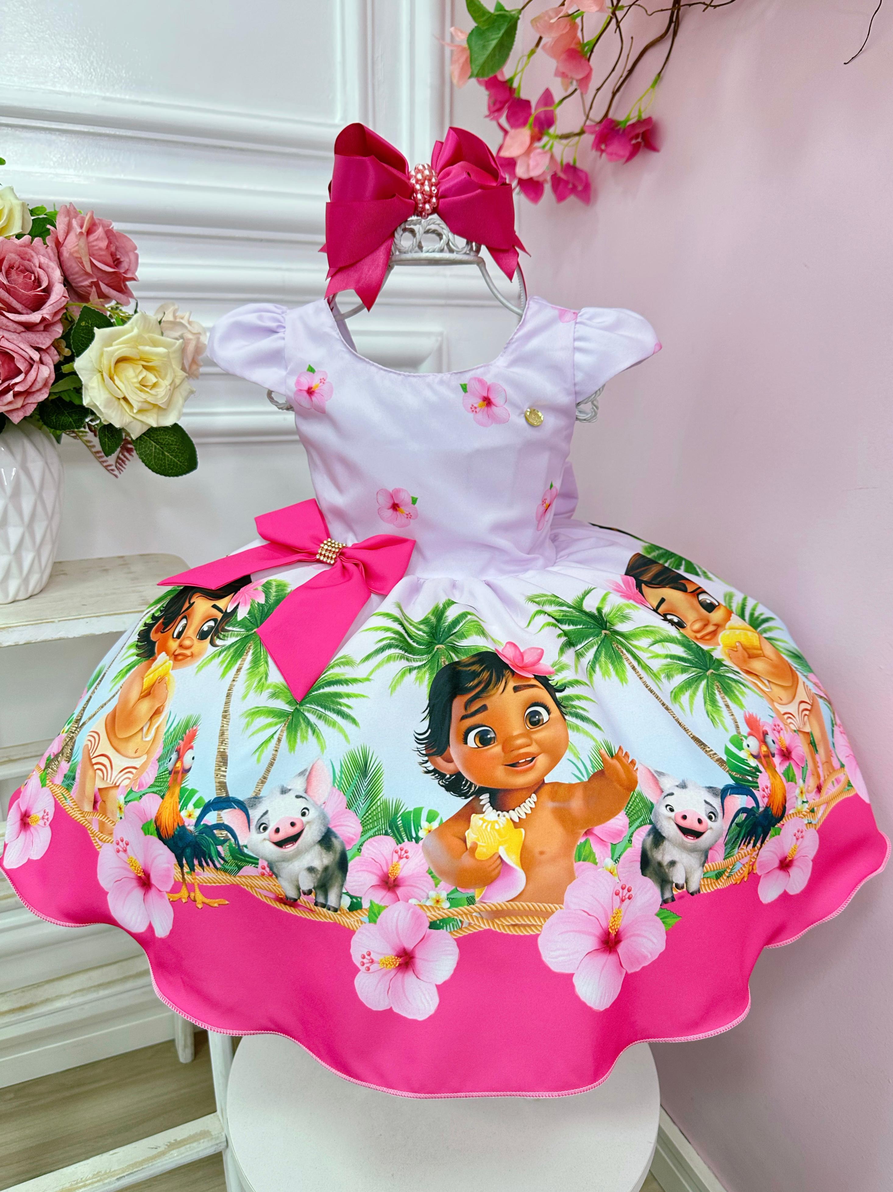 Vestido Infantil Moana Baby Lilás C/ Broche Luxo Festas