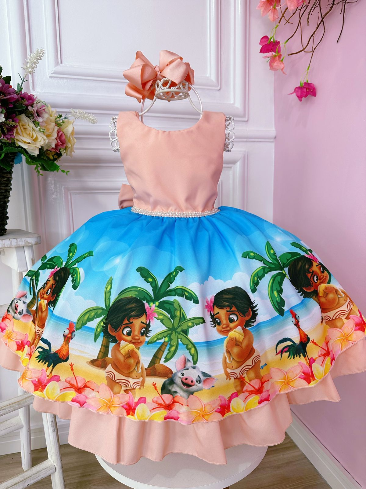 Vestido Infantil Baby Pêssego e Azul Luxo Festa