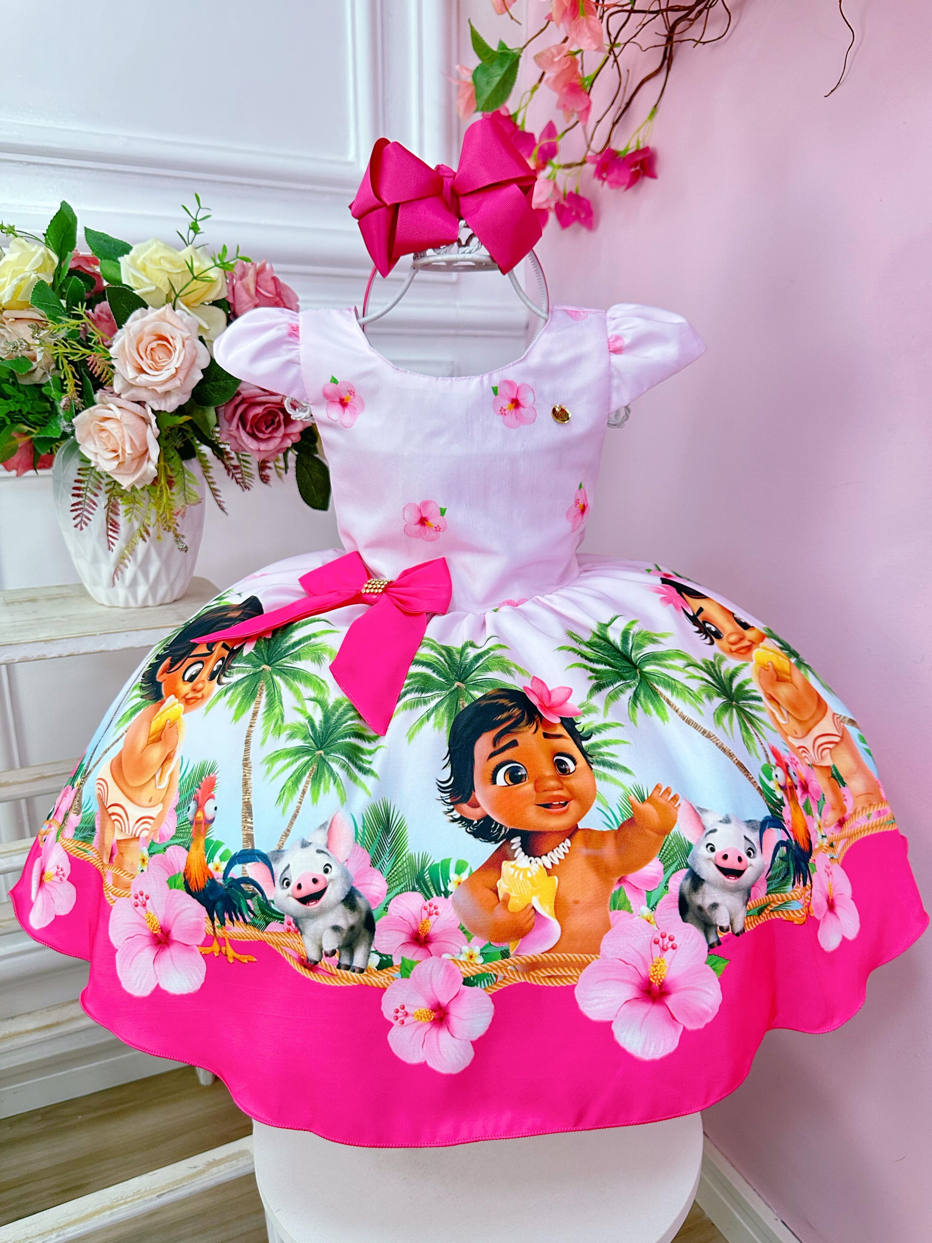 Vestido Infantil Moana Baby Rosa C/ Broche Luxo Festas