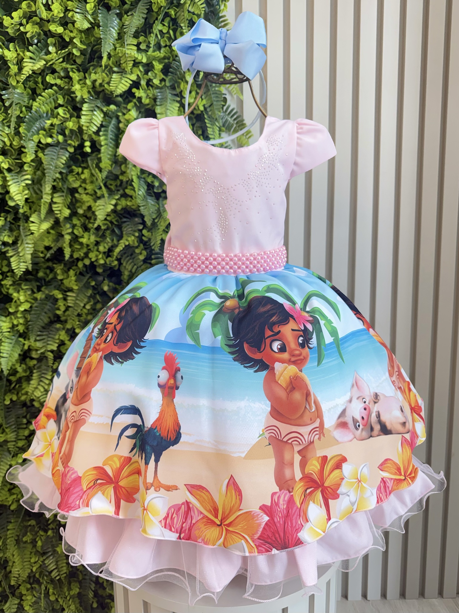 Vestido Infantil Moana Baby Rosa Strass C/ Cinto de Pérolas