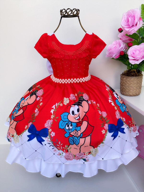 Vestido Infantil Mônica Laços Vermelho Luxo Princesas Festa