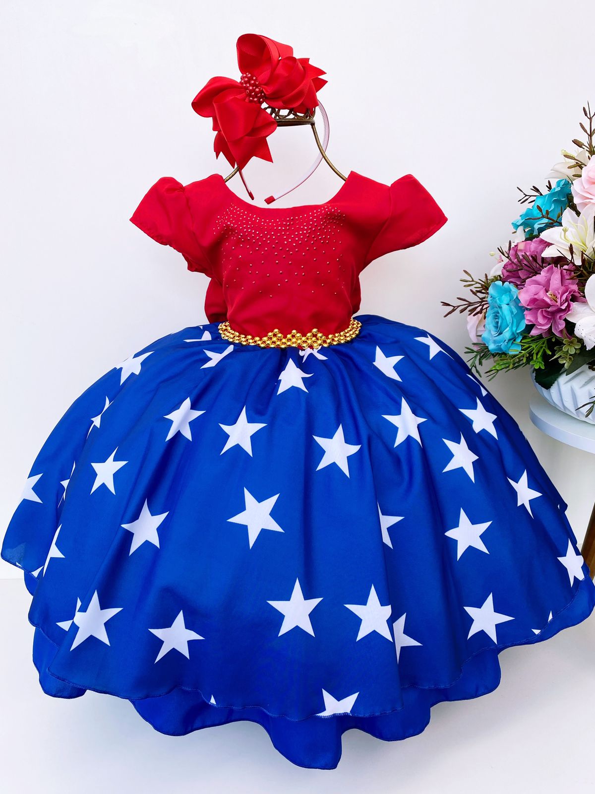 Vestido Infantil Mulher Maravilha C/ Cinto de Pérolas Festas