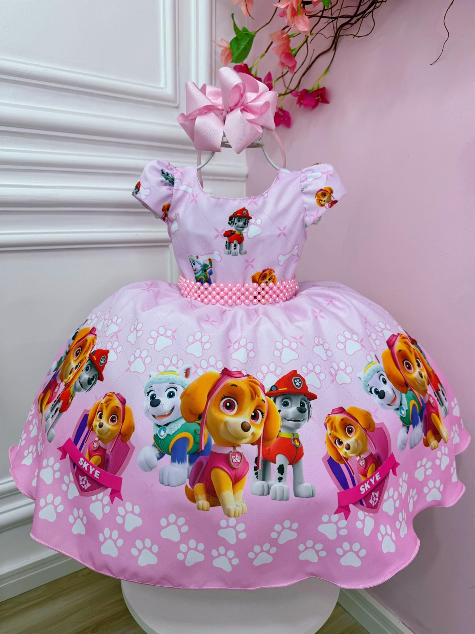 Vestido Infantil Patrulha Canina Rosa C/ Cinto de Pérolas