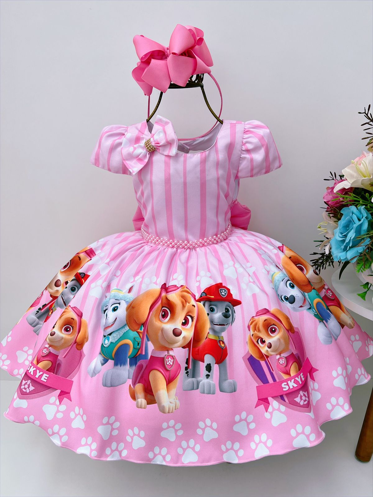 Vestido Infantil Patrulha Canina Rosa Cinto Pérolas Luxo