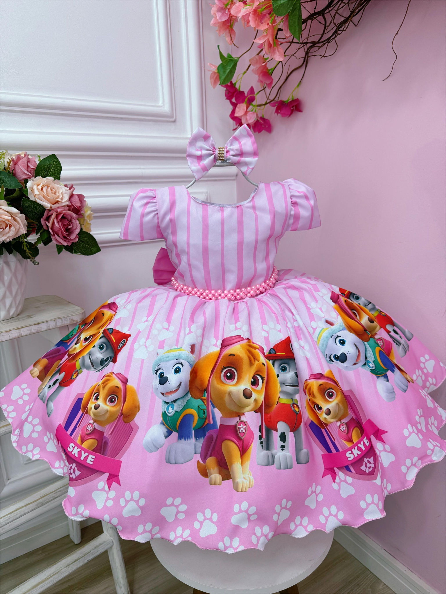 Vestido Infantil Patrulha Canina Rosa Cinto Pérolas Luxo