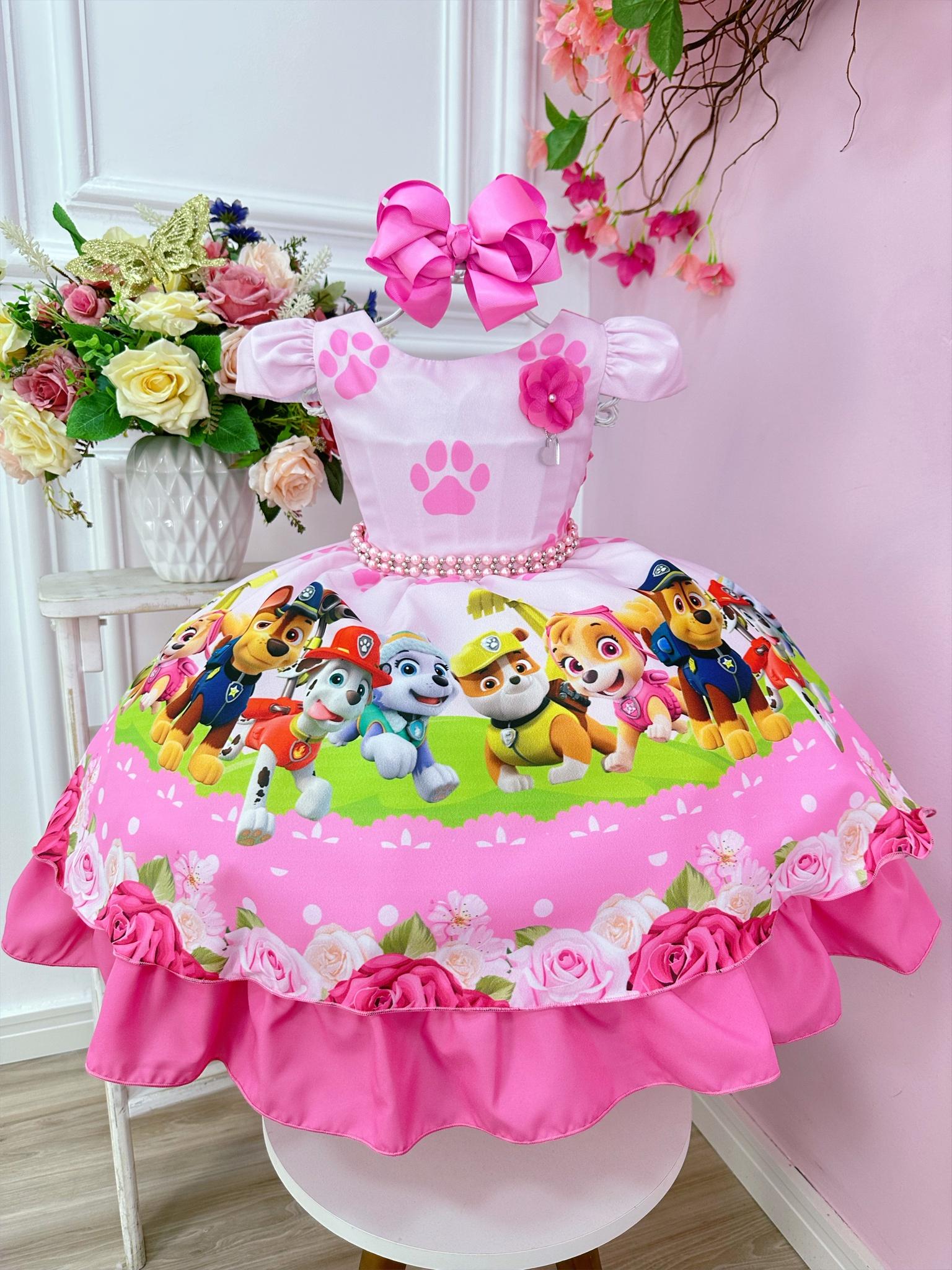 Vestido Infantil Patrulha Canina Rosa Barrado Chiclete