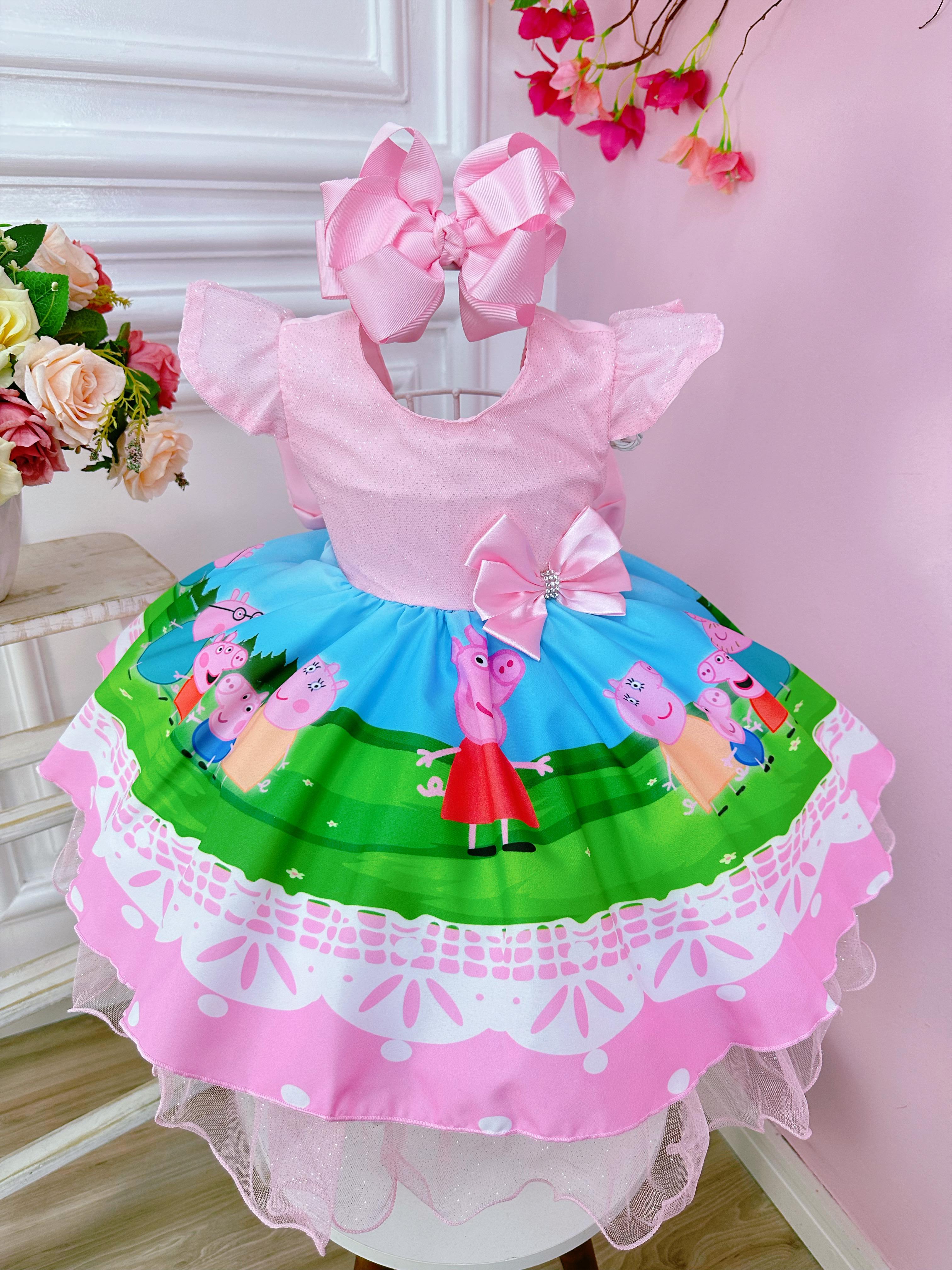 Vestido Infantil Peppa Pig Rosa Strass Festa Luxo