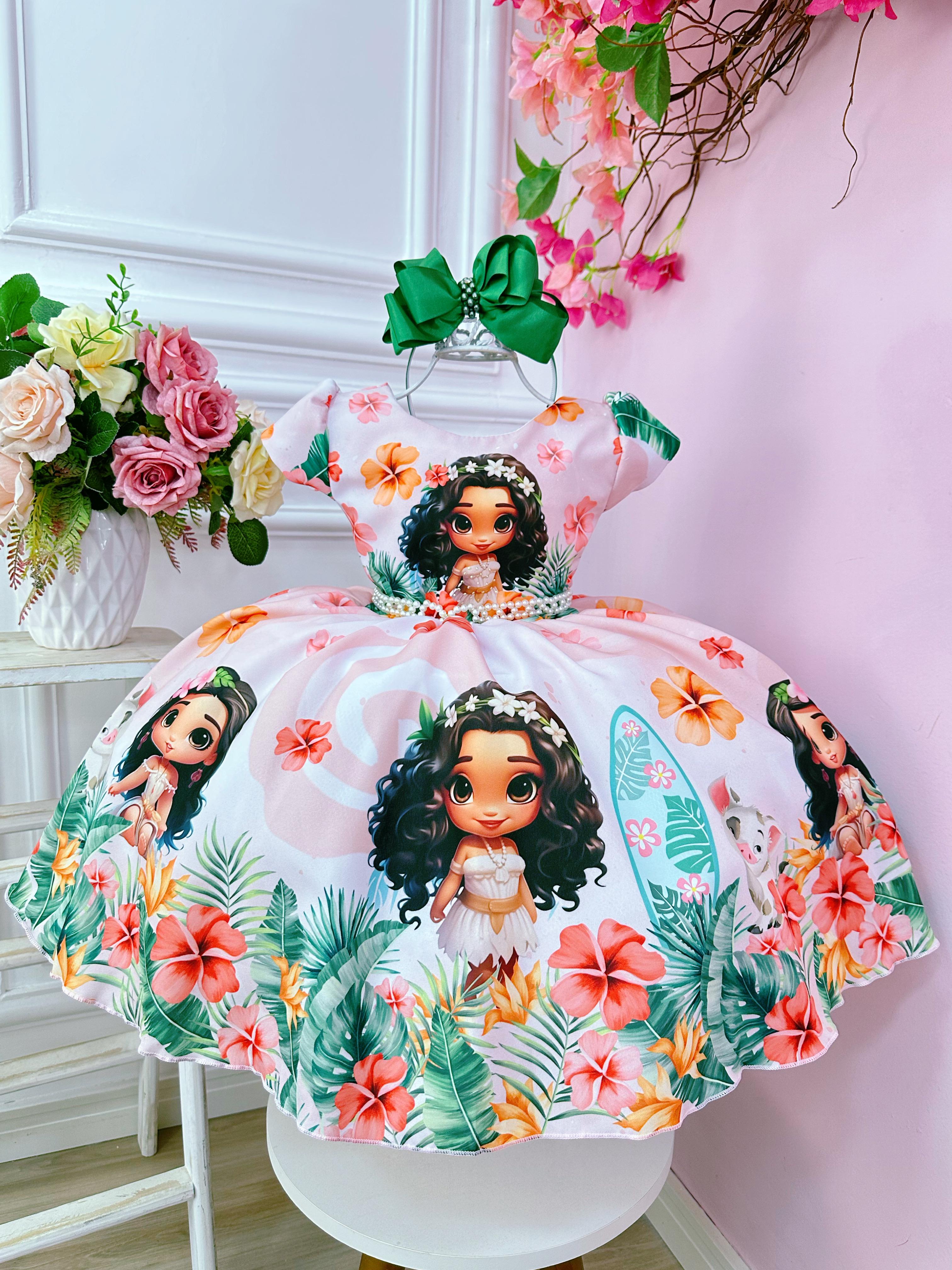 Vestido Infantil Pêssego Moana Doll Florido Luxo Festas