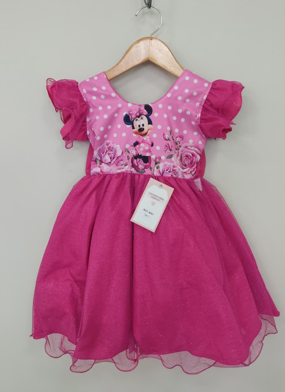 Vestido Infantil Pink da Minnie Saia C/ Glitter e Led Festas